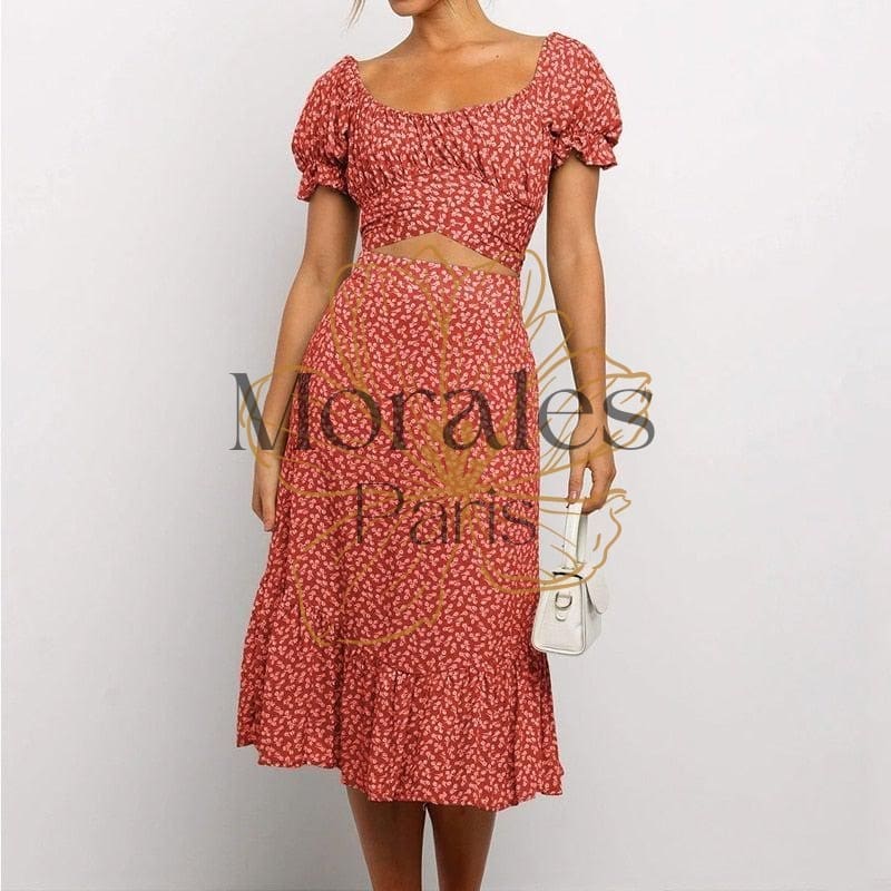 Robe bohème rouge volantée en coton pour femme main image 0